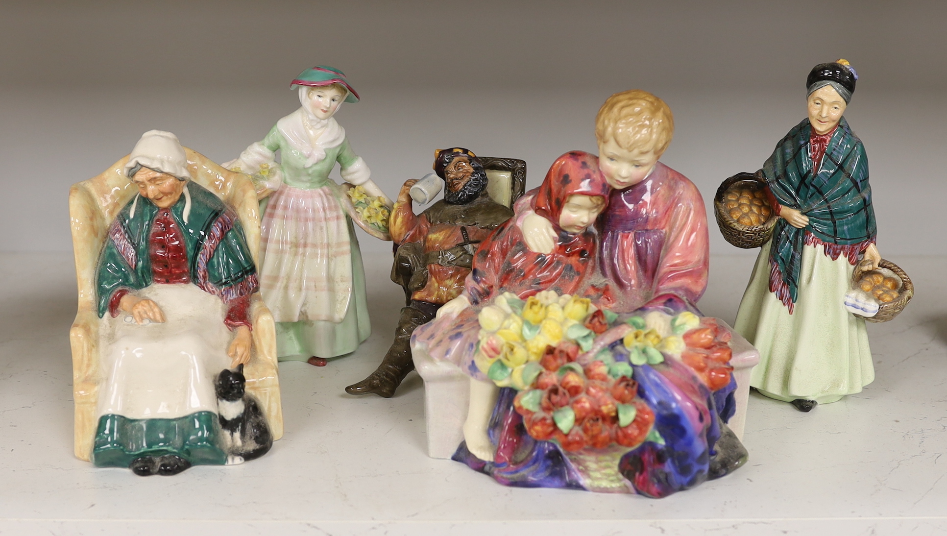 A group of five Royal Doulton figures, including Flower Sellers Children H.N. 1342, 19.5cm high